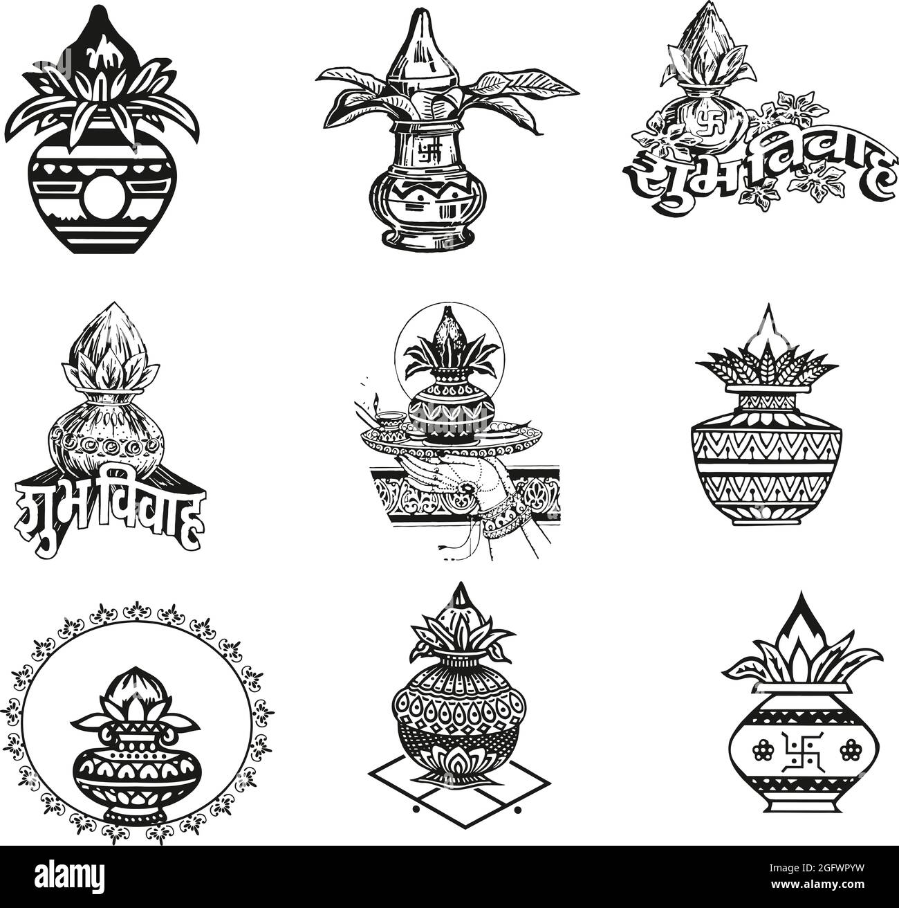 Set von indischen Hochzeit Kalash Pot Elemente Clipart verwendet für Einladung Karte, Banner, Album und Social Post mit isolierten Hintergrund Stockfoto