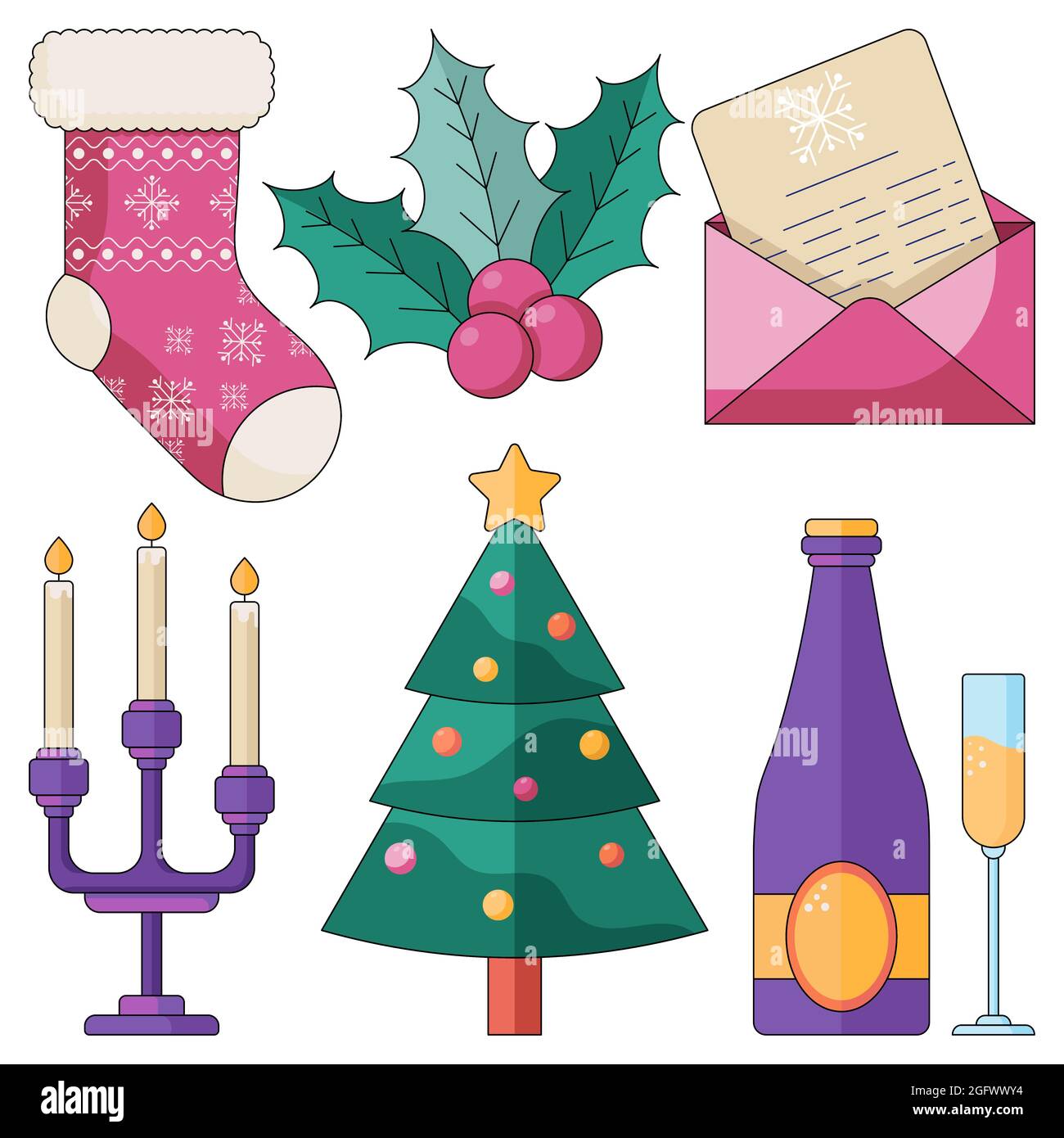 Weihnachts-Set von gemütlichen zu Hause feiern mit funkelndem Wein, Kerzenleuchter, Mistel, Socken für Geschenke, Brief für Santa und Weihnachtsbaum. Stock Vektor