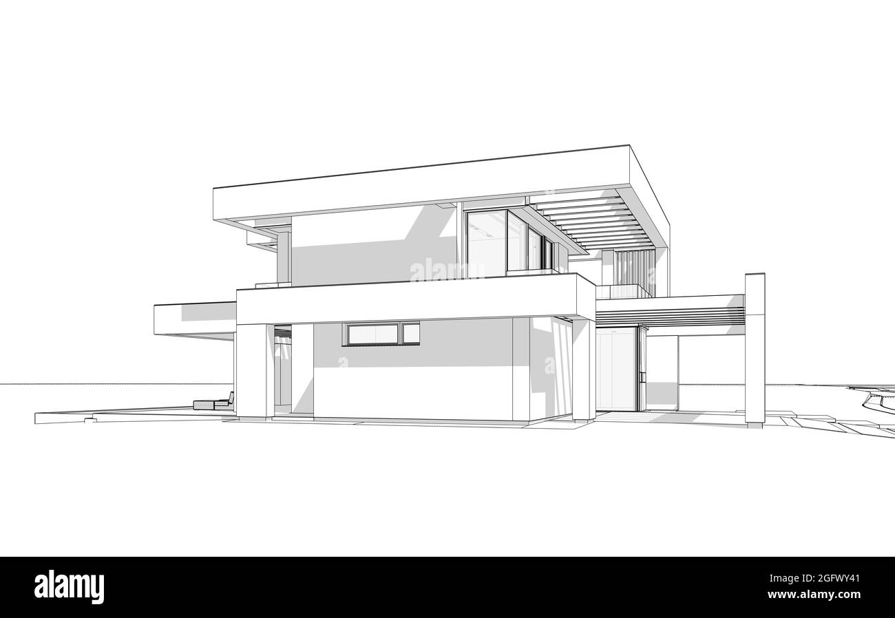 3d-Rendering von modernen gemütlichen Haus mit Pool und Parkplatz zum Verkauf oder zur Miete in luxuriösem Stil. Schwarze Linienzeichnung mit weichen Lichtschatten auf weißem Hintergrund Stockfoto