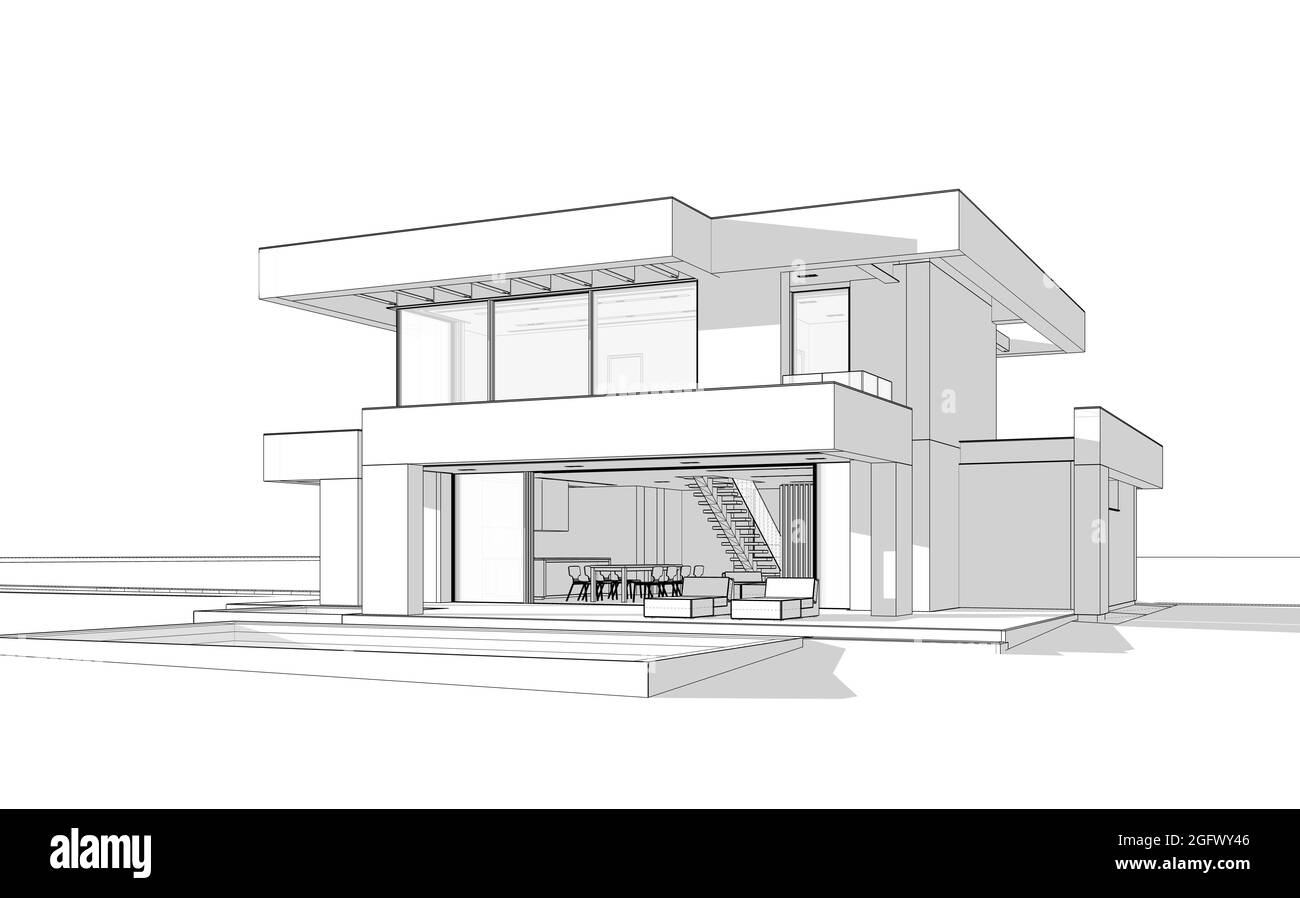 3d-Rendering von modernen gemütlichen Haus mit Pool und Parkplatz zum Verkauf oder zur Miete in luxuriösem Stil. Schwarze Linienzeichnung mit weichen Lichtschatten auf weißem Hintergrund Stockfoto