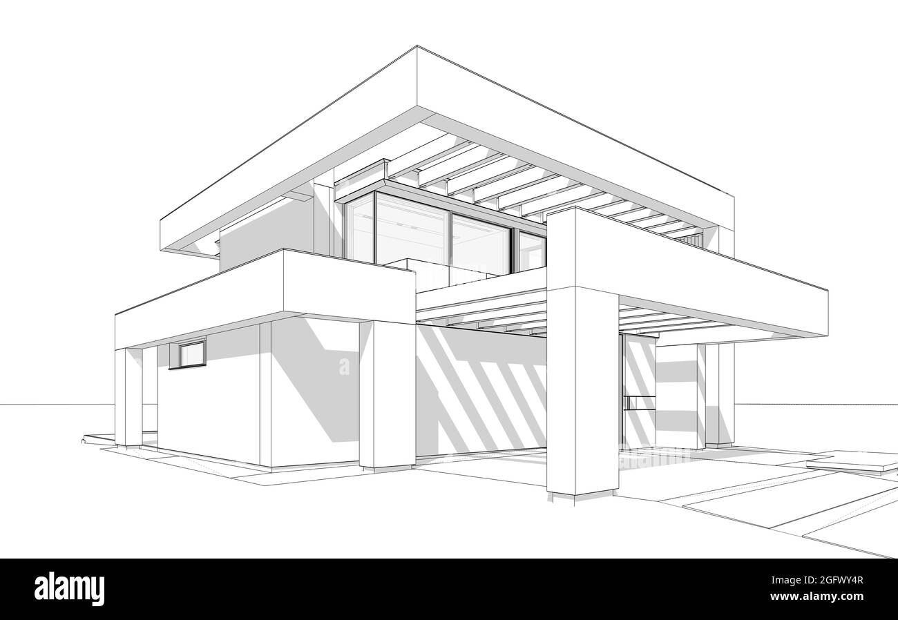 3d-Rendering von modernen gemütlichen Haus mit Pool und Parkplatz zum Verkauf oder zur Miete in luxuriösem Stil. Schwarze Linienzeichnung mit weichen Lichtschatten auf weißem Hintergrund Stockfoto