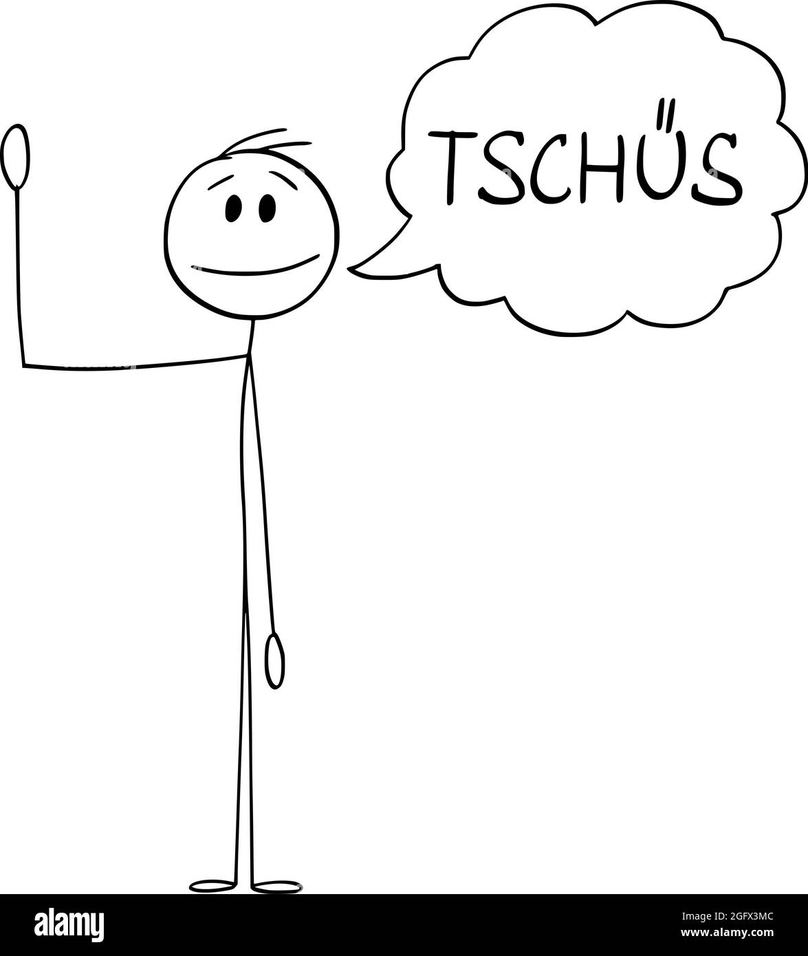Person oder Mann winkt mit der Hand und sagt Gruß Tschus auf Deutsch, Vektor Cartoon Stick Figur Illustration Stock Vektor