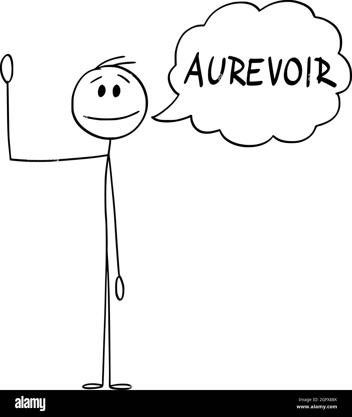 Person oder Mann winkt seine Hand und sagt Gruß Au Revoir in Französisch, Vektor Cartoon Stick Figur Illustration Stock Vektor
