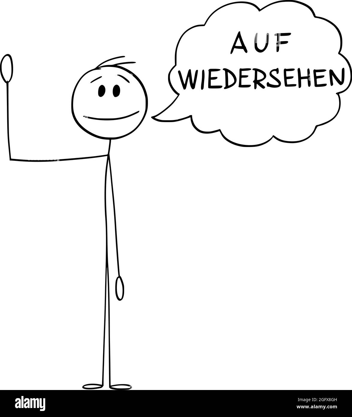 Person oder Mann winkt mit der Hand und sagt Gruß auf Wiedersehen auf Deutsch, Vektor Cartoon Stick Figur Illustration Stock Vektor