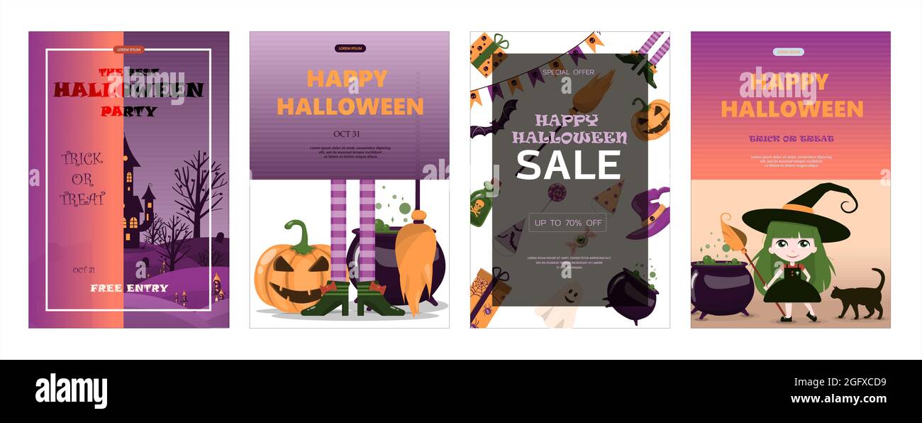 Vektor-Banner für Halloween Cartoon Vorlage Design für Werbung, Vertrieb, Party-Einladungen. Set für Halloween Flachdesign helle niedliche Bilder für Stock Vektor