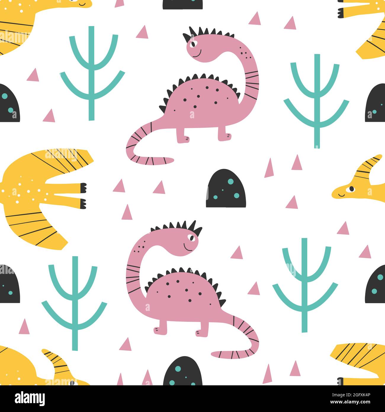 Niedliches Dinosaurier-Muster - handgezeichnetes kindliches Dinosaurier-nahtloses Druckdesign Digitales Papier Vektor-Illustration Stock Vektor