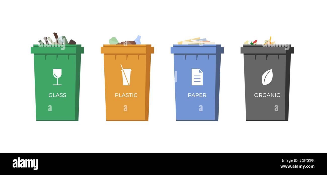 Abfallsortierbehälter. Papier, Glas, Kunststoff und Bio-Müll in bunten Abfalleimer zum Recycling. Abfallbehälter isoliert. Symbole für die Nutzung der Abfallentsorgung. Umwelt und Ökologie sparen eps Stock Vektor