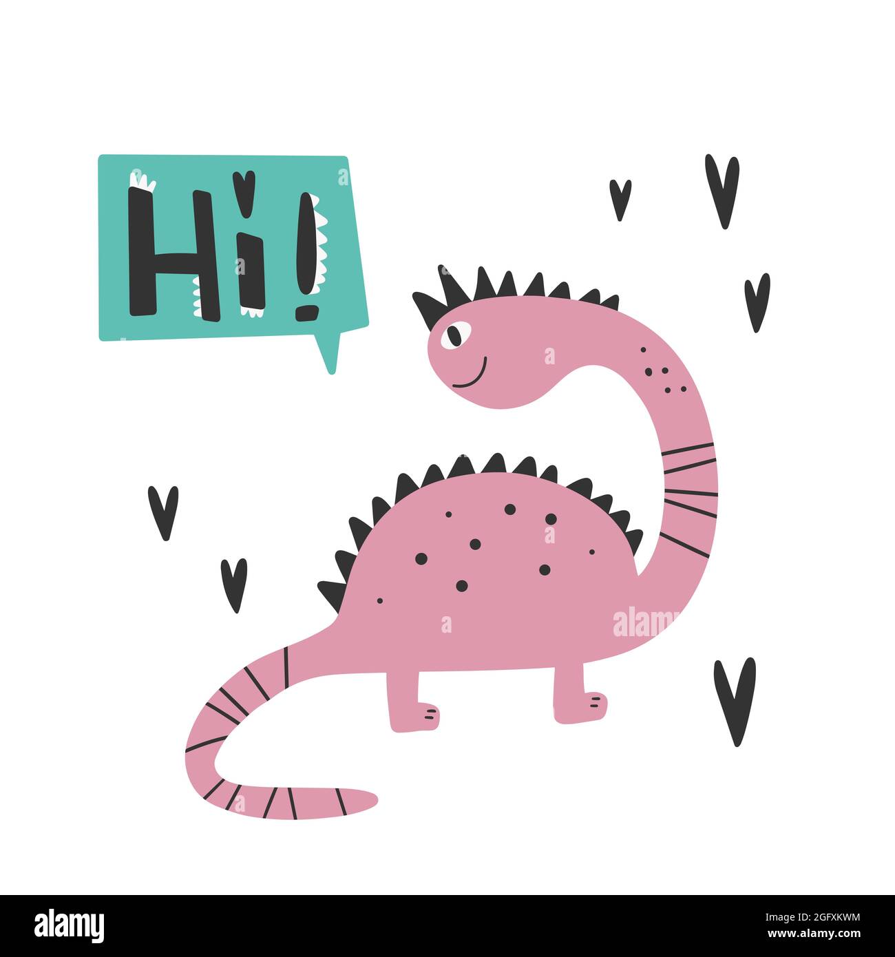 Dinosaurier mit Slogan Grafik - hallo, lustige Dino-Cartoons. Vektor lustige Beschriftung Zitat mit Dino-Symbol, skandinavische handgezeichnete Illustration für Begrüßung Stock Vektor