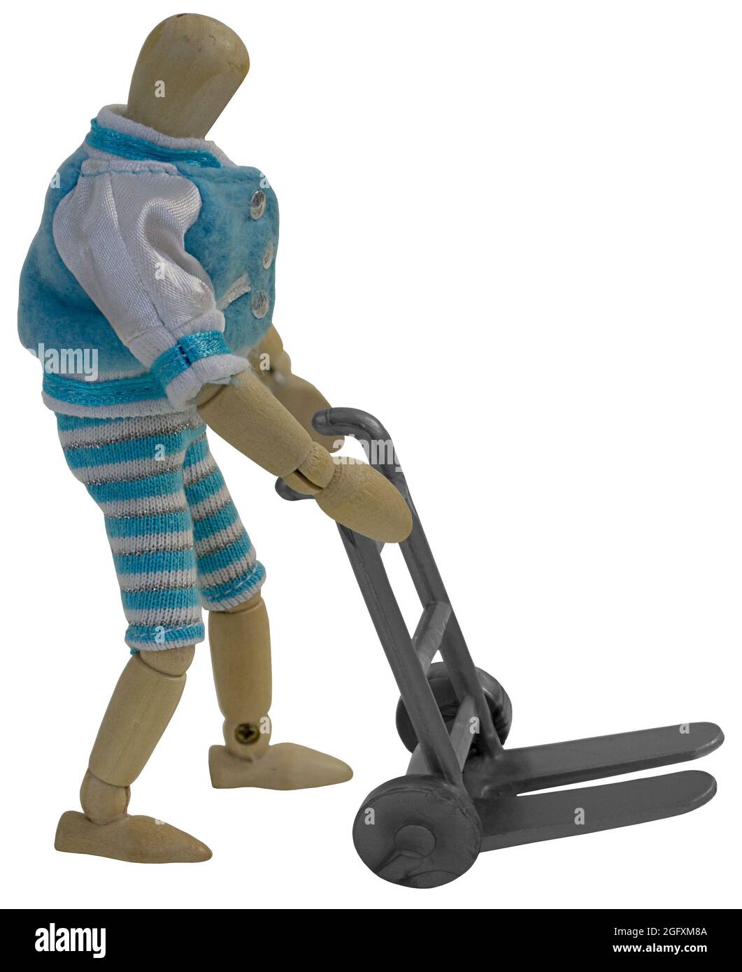 Schüler in einer Briefmännerjacke, die zeigt, dass Schulunterstützung einen Dolly schiebt Stockfoto