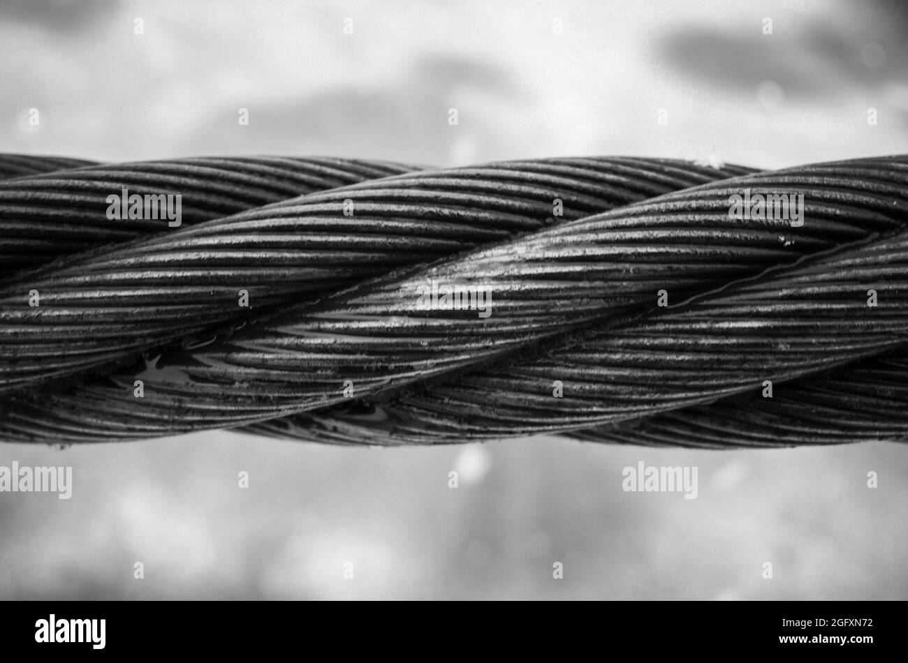 Nahaufnahme aus Stahlseil, Schwarzweiß-Makrofoto mit selektivem Fokus Stockfoto