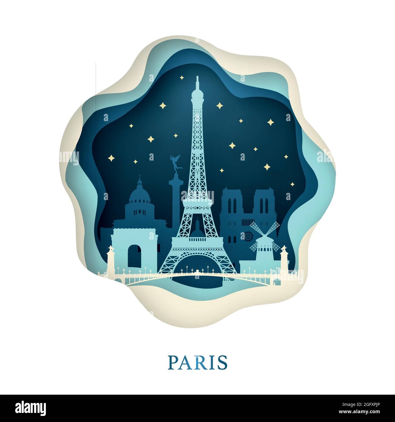 Papierkunst von Paris. Origami-Konzept. Nächtliche Stadt mit Sternen. Vektorgrafik. Stock Vektor