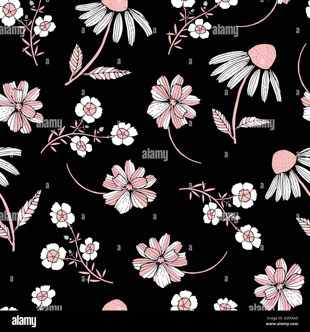 Muster mit handgezeichneten Sommerblumen auf schwarzem Hintergrund. Stock Vektor