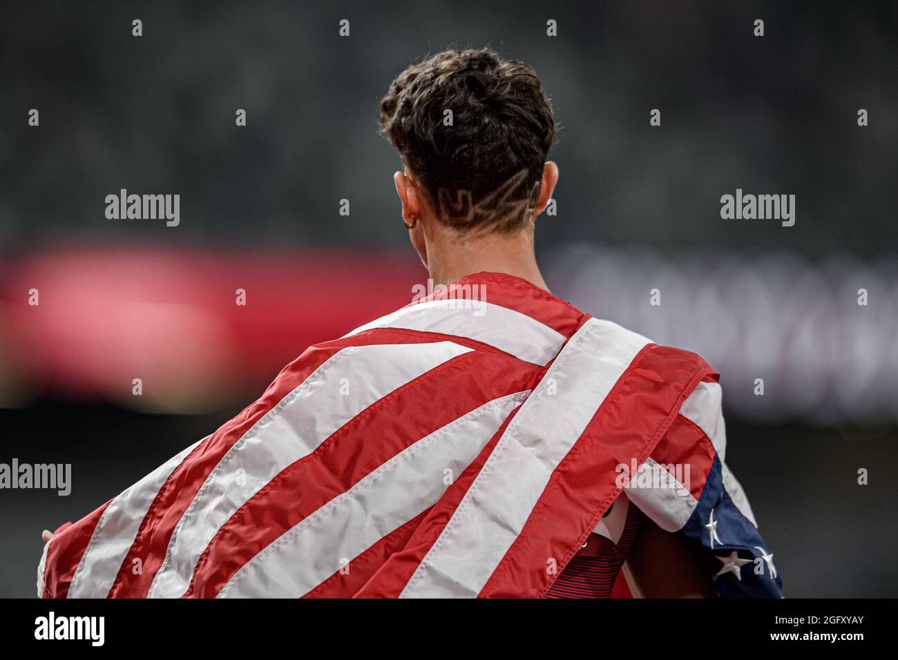 TOKIO, JAPAN. August 2021. Nick Mayhugh feiert am Freitag, den 27. August 2021 in TOKIO, JAPAN, das 100-m-T27-Finale der Männer bei den Leichtathletik-Vorläufen und den Finals der Paralympischen Spiele 2020 in Tokio. Kredit: Taka G Wu/Alamy Live Nachrichten Stockfoto