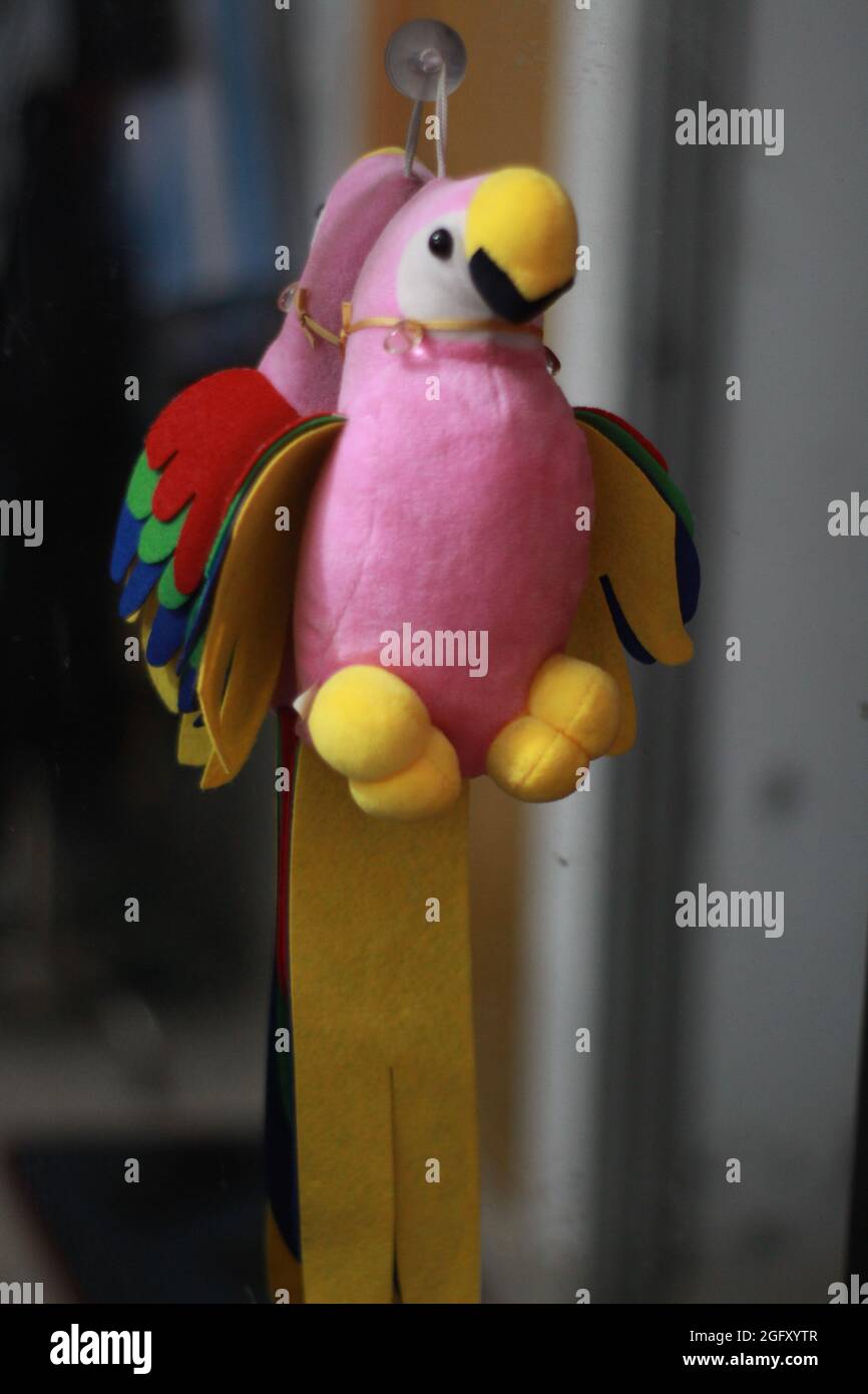 Der Spielzeug-Papagei auf einem Holzzaun. Stockfoto