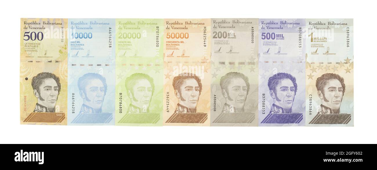 Mehrere bunte Venezuela Währung Geld Bolivares Banknoten. Stockfoto