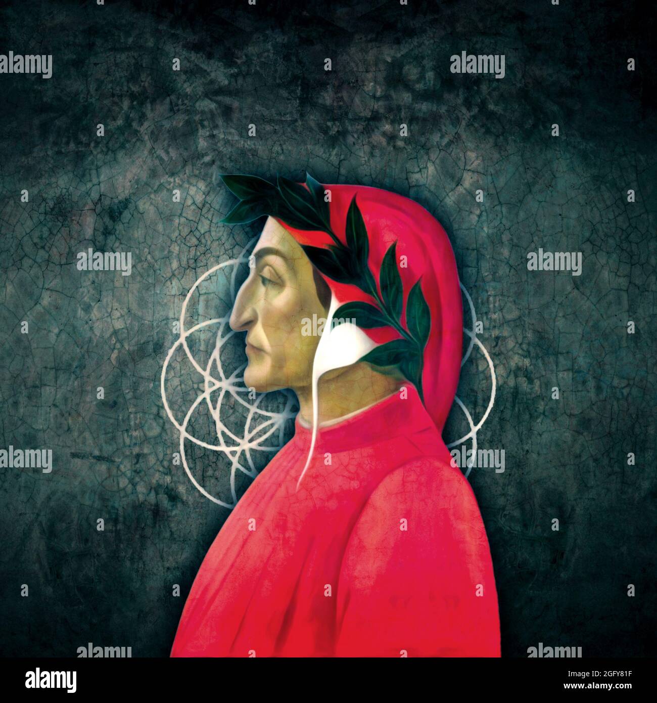 Dante Alighieri Profilillustration auf abstrakt geometrischem und verwittertem Wandhintergrund Stockfoto