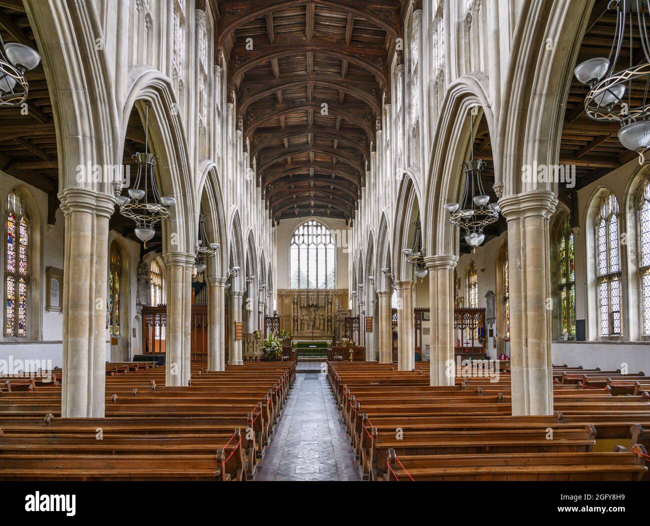 Innenraum der Holy Trinity Church, Long Melford, Suffolk, East Anglia, England, VEREINIGTES KÖNIGREICH Stockfoto