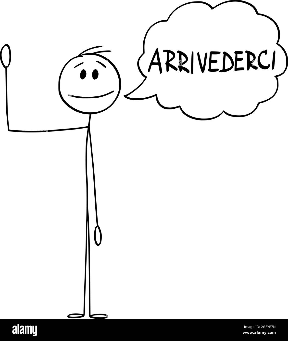 Person oder Mann winkt seine Hand und sagt Gruß Arrivederci in Italienisch, Vektor Cartoon Stick Figur Illustration Stock Vektor
