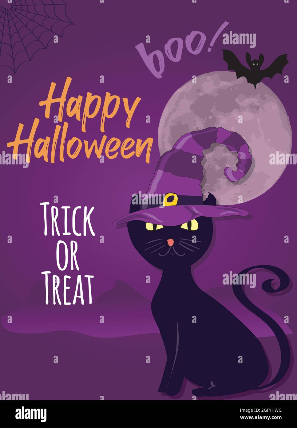 Halloween Poster mit Zauberkatze mit Hut, Mond und Fledermaus in lila Nacht Stock Vektor