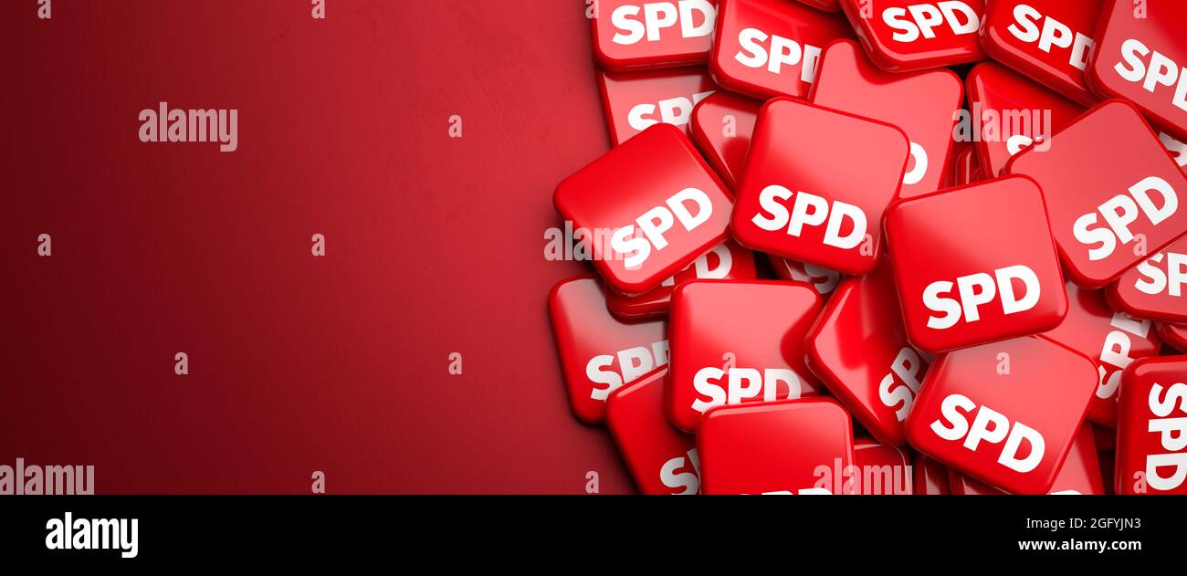Die Logos der Mitte ließen die SPD auf einem Haufen auf einem Tisch liegen. Speicherplatz kopieren. Webbanner-Format. Stockfoto