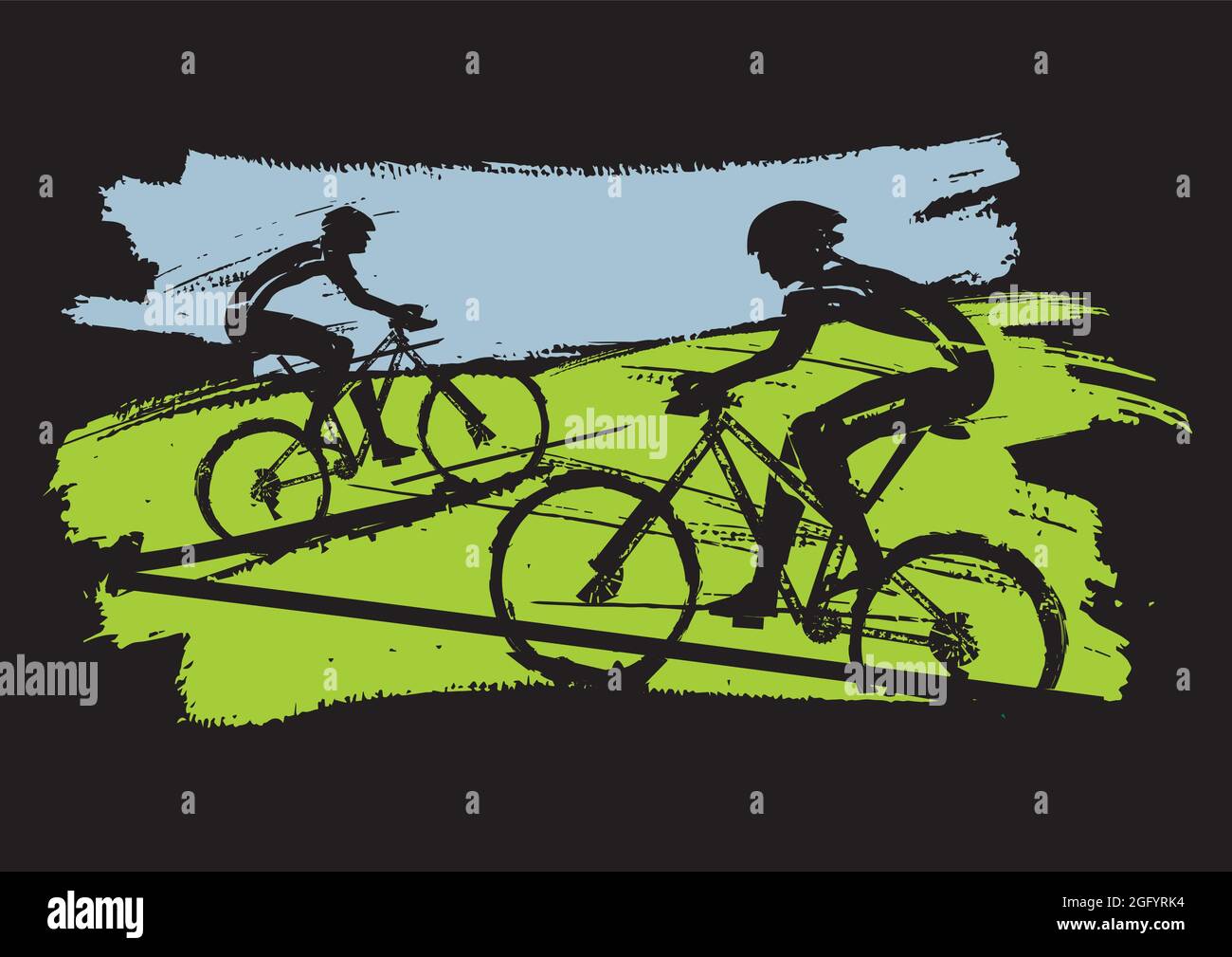 Mountainbiker, Radrennen. Ausdrucksstarke Grunge stilisierte Illustration von Mountainbike-Radfahrern auf schwarzem Hintergrund. Vektor verfügbar Stock Vektor