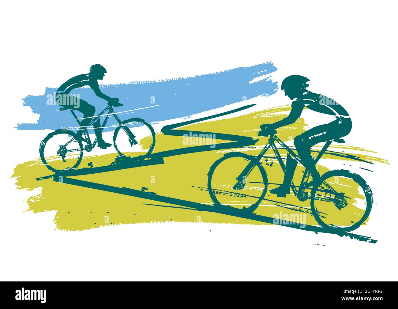 Mountainbiker, Radrennen. Ausdrucksstarke Grunge stilisierte Illustration von Mountainbike-Radfahrern. Vektor verfügbar. Stock Vektor