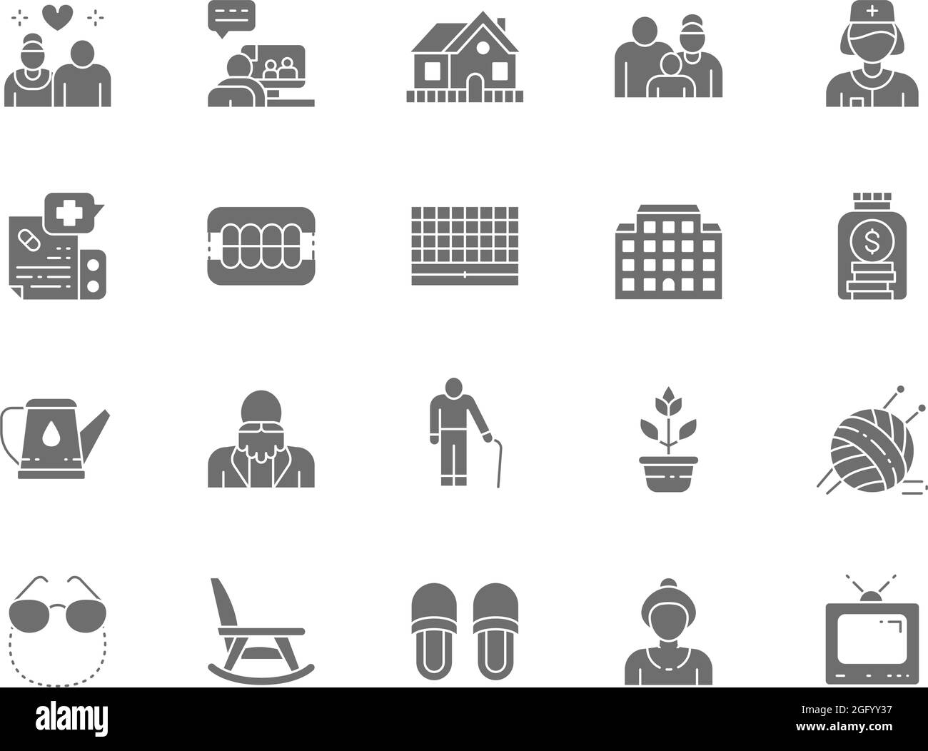 Satz grauer Pflegesymbole. Rentner, Krankenhaus, Senioren, Möbel und mehr Stock Vektor