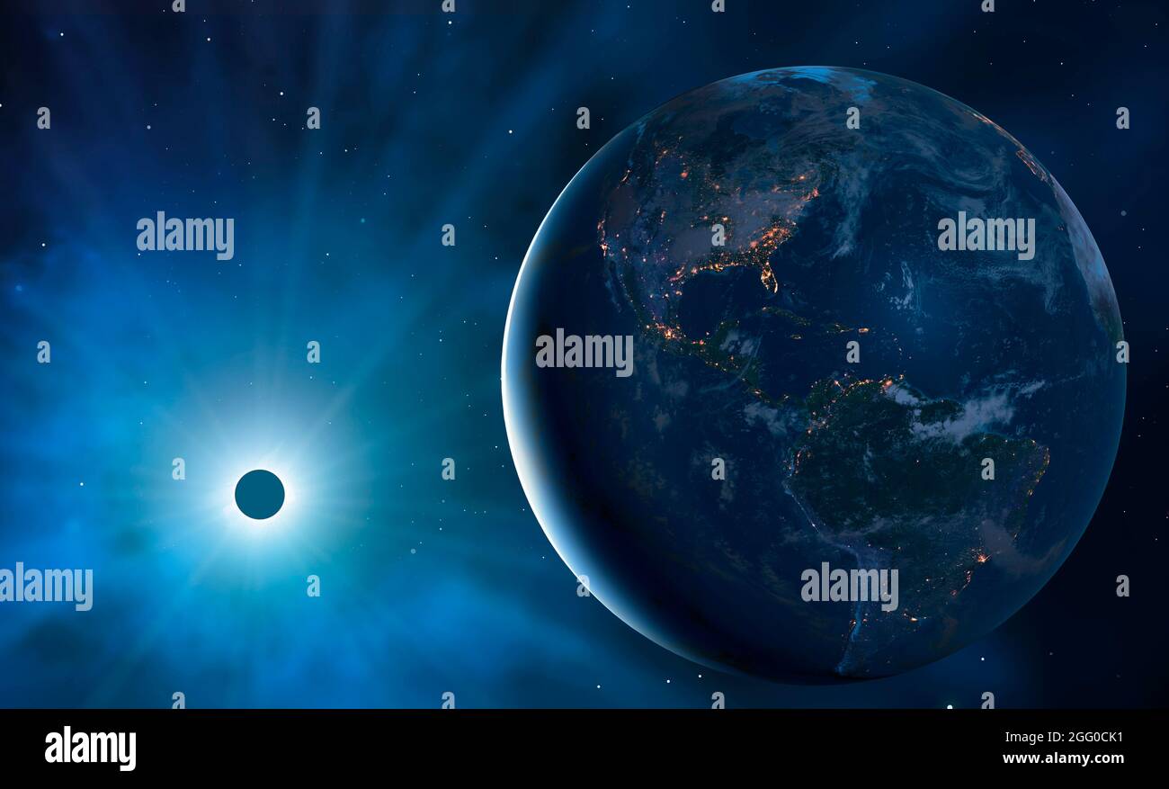 Illustration der Erde aus dem All während einer Sonnenfinsternis, die einen großen Teil des Planeten in Dunkelheit zeigt. Städte werden glitzern gesehen und definieren die Ränder der Kontinente. Diese Ansicht zeigt Nord- und Südamerika Stockfoto
