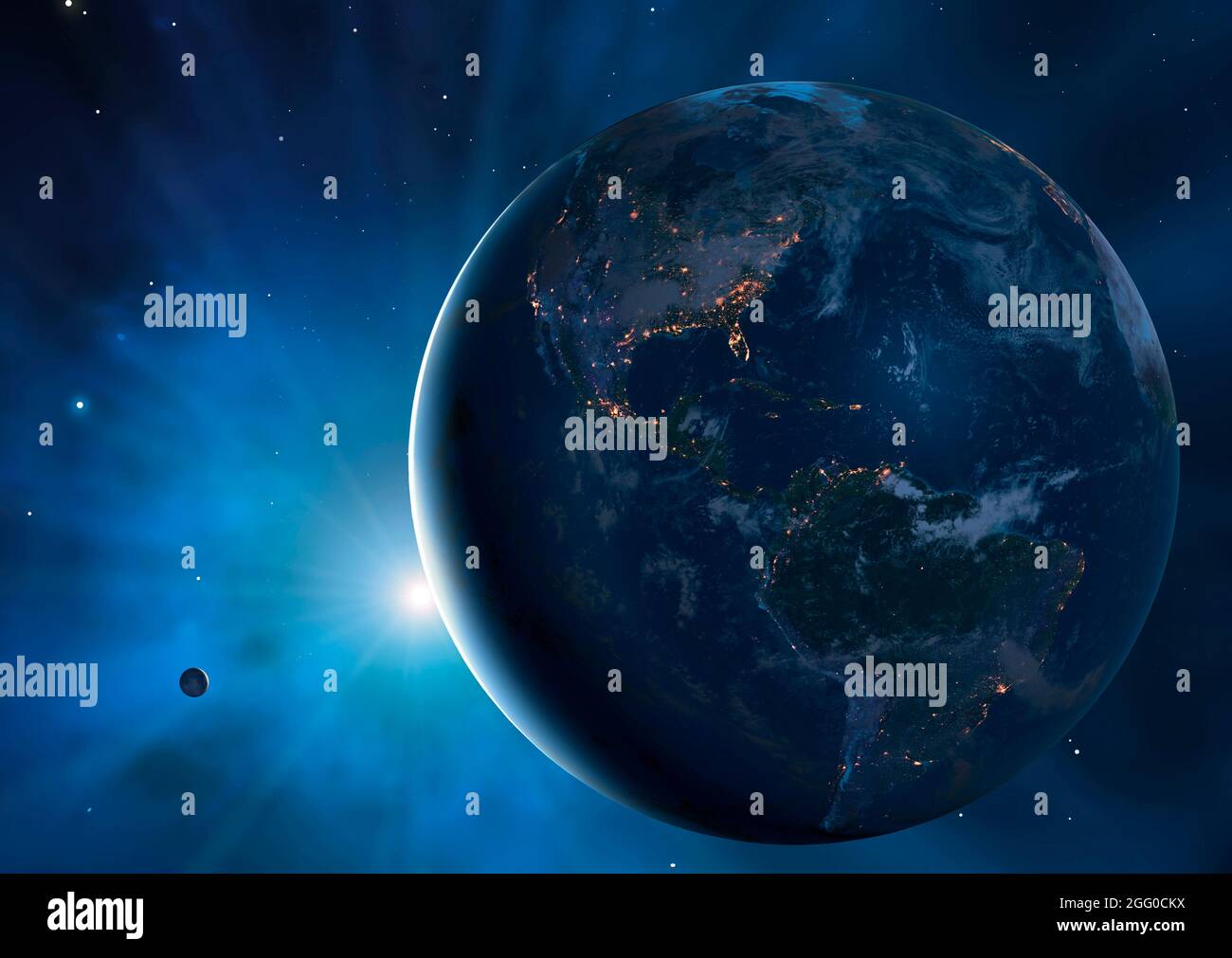 Abbildung von Erde und Mond, die einen großen Teil des Planeten in Dunkelheit zeigen. Städte werden glitzern gesehen und definieren die Ränder der Kontinente. Diese Ansicht zeigt Nord- und Südamerika, der Mond ist links davon. Stockfoto