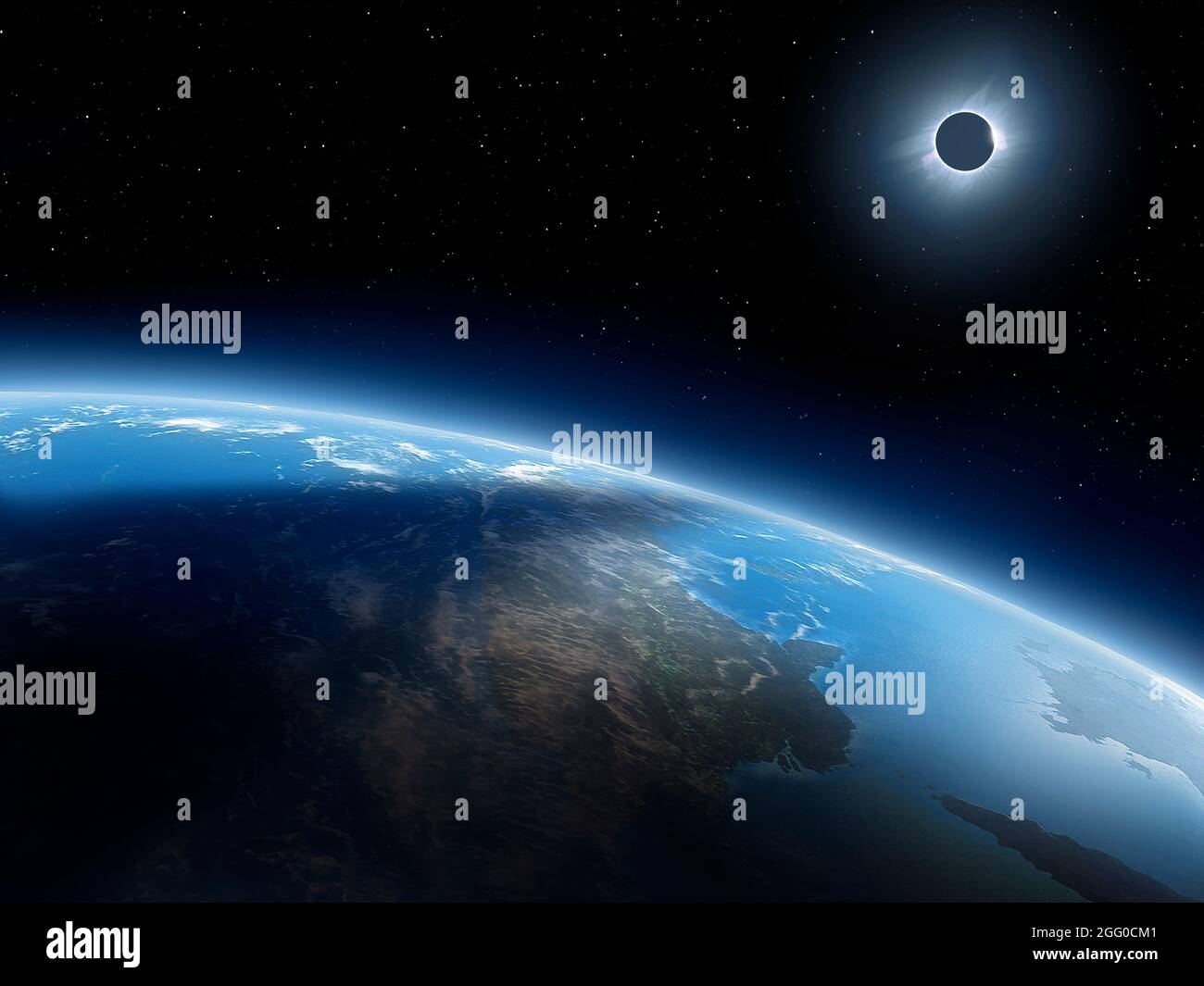 Erde und Sonnenfinsternis. Kunstwerk der Erde im Weltraum, der während einer Sonnenfinsternis aus einer Höhe von einigen tausend Kilometern herunterschaut. Die Sonne kann gesehen werden (oben rechts), die ihre brillante Korona enthüllt, sowie den Schatten des Mondes, den sie auf die Erde wirft. Stockfoto