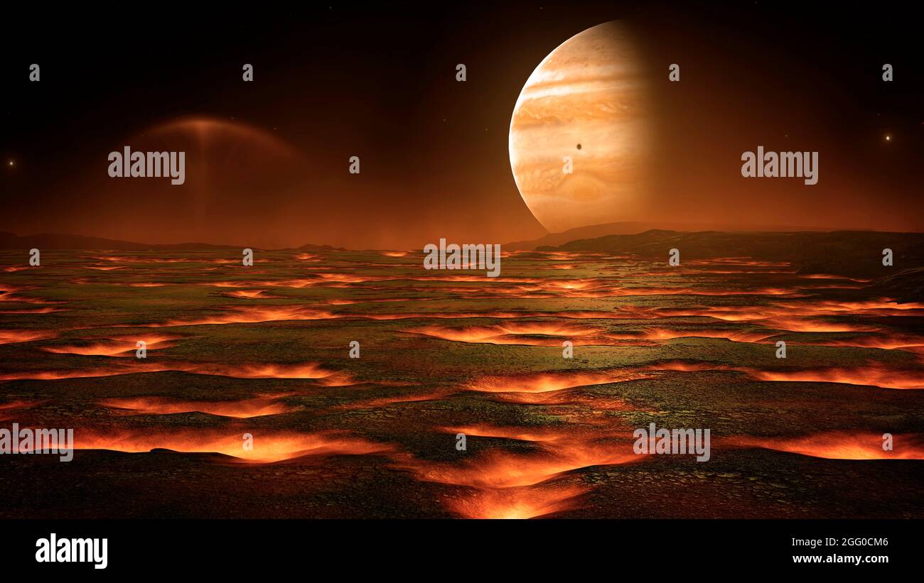 Jupiter von der Oberfläche des Vulkanmondes IO aus gesehen. IO, der innerste der Jovian Galilean Monde, umkreist so nahe an Jupiter, dass sein Inneres von den riesigen Planeten Gezeiten geschmolzen wird. Die Wärme aus dem Inneren macht IO zur vulkanisch aktivsten Welt im bekannten Sonnensystem. Jupiter ist oben rechts am Himmel zu sehen. Ganz links bzw. rechts sind die galiläischen Monde Callisto und Ganymede zu sehen. Europa, nicht in der Szene, wirft seinen Schatten auf Jupiter. Stockfoto