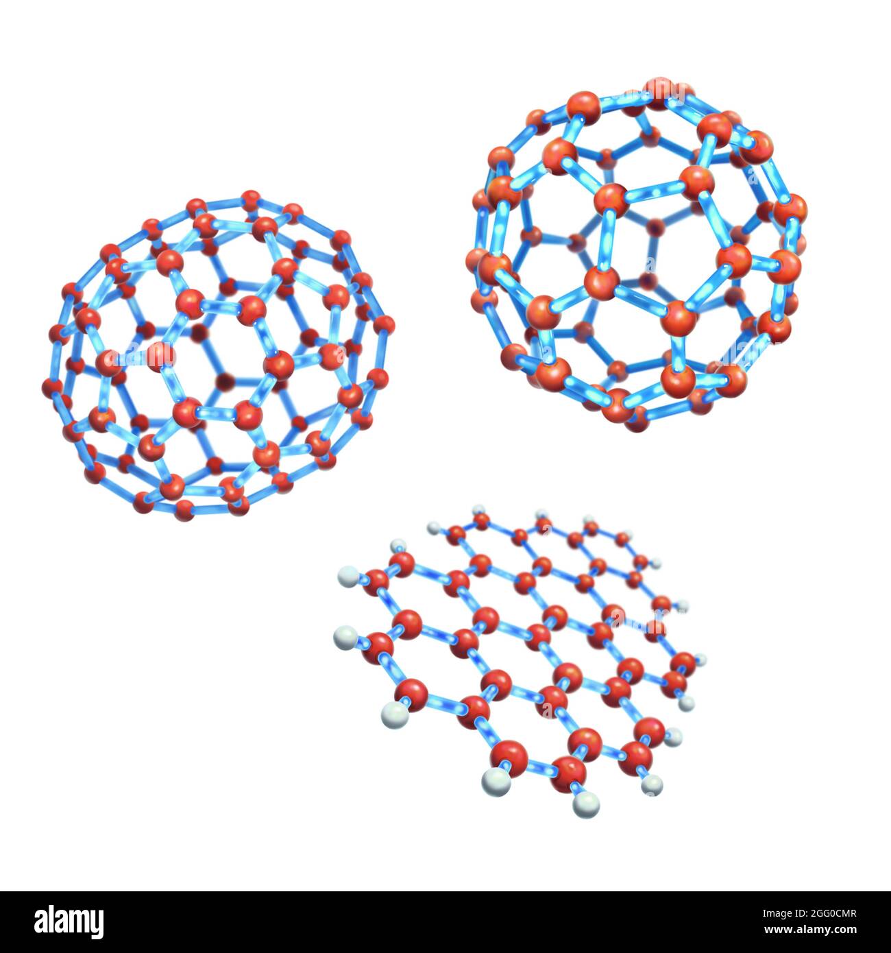 Abbildung großer Kohlenstoffmoleküle mit C70-Fulleren (links), C60-Fulleren und einem polyzyklischen aromatischen Kohlenwasserstoff. Stockfoto