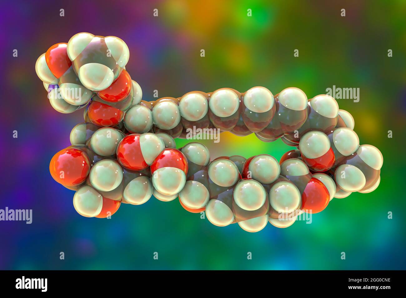 Amphotericin B antimykotisches Wirkstoffmolekül, Abbildung. Die chemische Formel ist C47H73NO17. Atome werden als Kugeln dargestellt: Kohlenstoff (grau), Wasserstoff (gelb), Sauerstoff (rot). Stockfoto