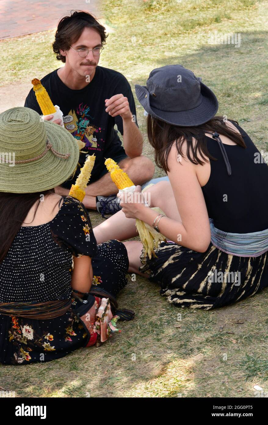 Ein junger Mann und zwei Frauen genießen ein geröstetes Maisessen, während sie sich in einem Park in Santa Fe, New Mexico, entspannen. Stockfoto