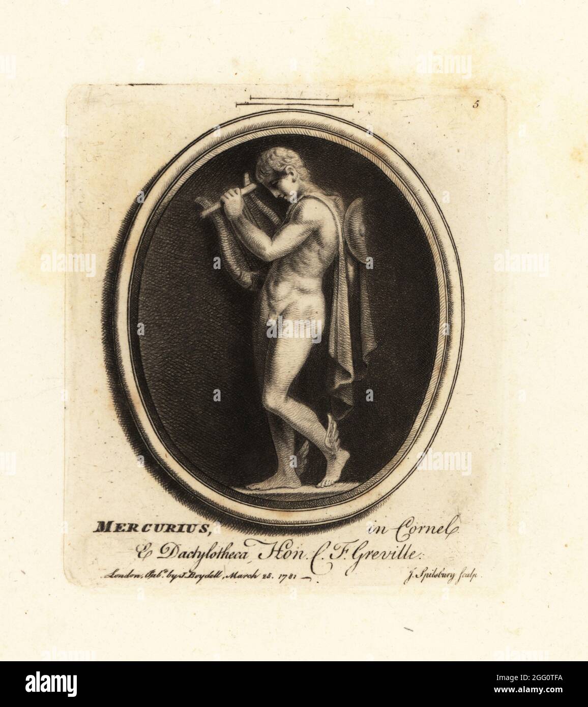 Porträt des Merkur, des römischen gottes des Handels und der Kommunikation mit Leier, Petasos, Mantel und geflügelten Knöcheln. In Cornelian und Dactylotheca. Aus der Sammlung des Antiquars Charles Francis Greville. Mercurius in Cornel. Und Dactylotheca. Mezzotint Kupferstich von John Spilsbury aus seiner Collection of Fifty Prints from Antique Gems, John Boydell, London, 1785. Stockfoto