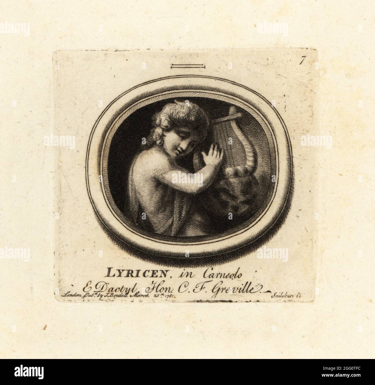 Der Leier auf Cornelian und Dactylotheca. Aus der Sammlung des Antiquars Charles Francis Greville. Lyricen in Carneolo & Dactyl. Mezzotint Kupferstich von John Spilsbury aus seiner Collection of Fifty Prints from Antique Gems, John Boydell, London, 1785. Stockfoto