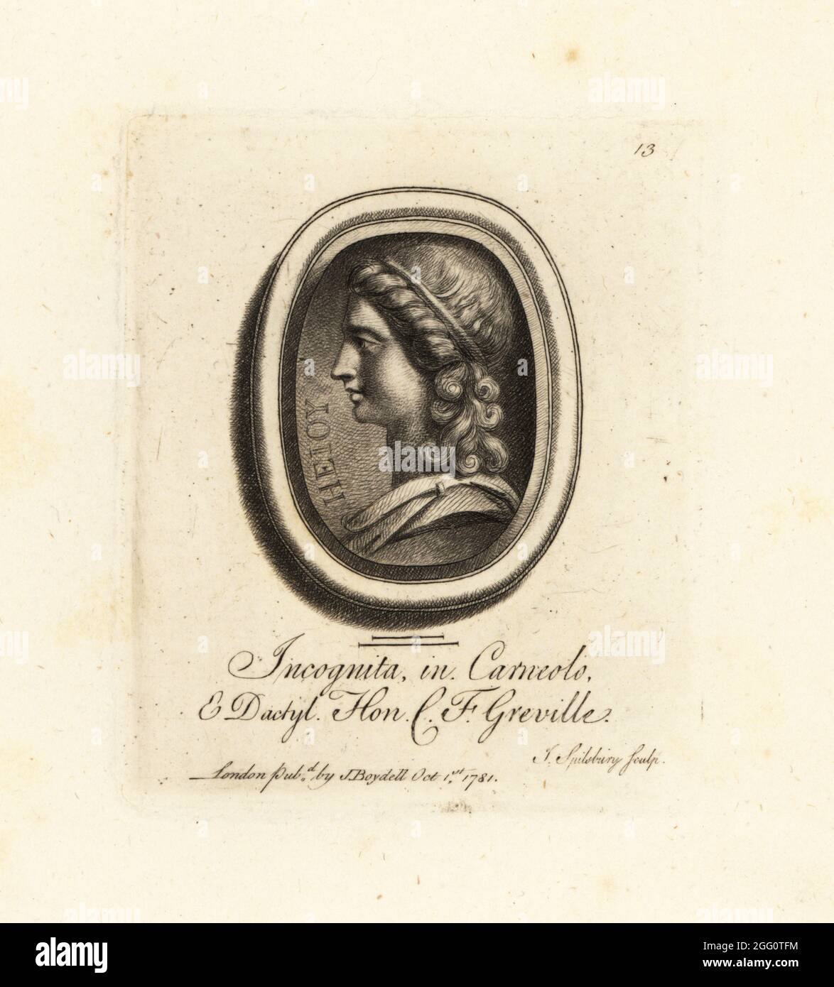 Unbekannte Frau von Heioy oder Heius. Vielleicht die lemnische Athene. Auf Cornelian und Dactylotheca. Aus der Sammlung des Antiquars Charles Francis Greville. Incognita in Carneolo & Dactyl. Mezzotint Kupferstich von John Spilsbury aus seiner Collection of Fifty Prints from Antique Gems, John Boydell, London, 1785. Stockfoto
