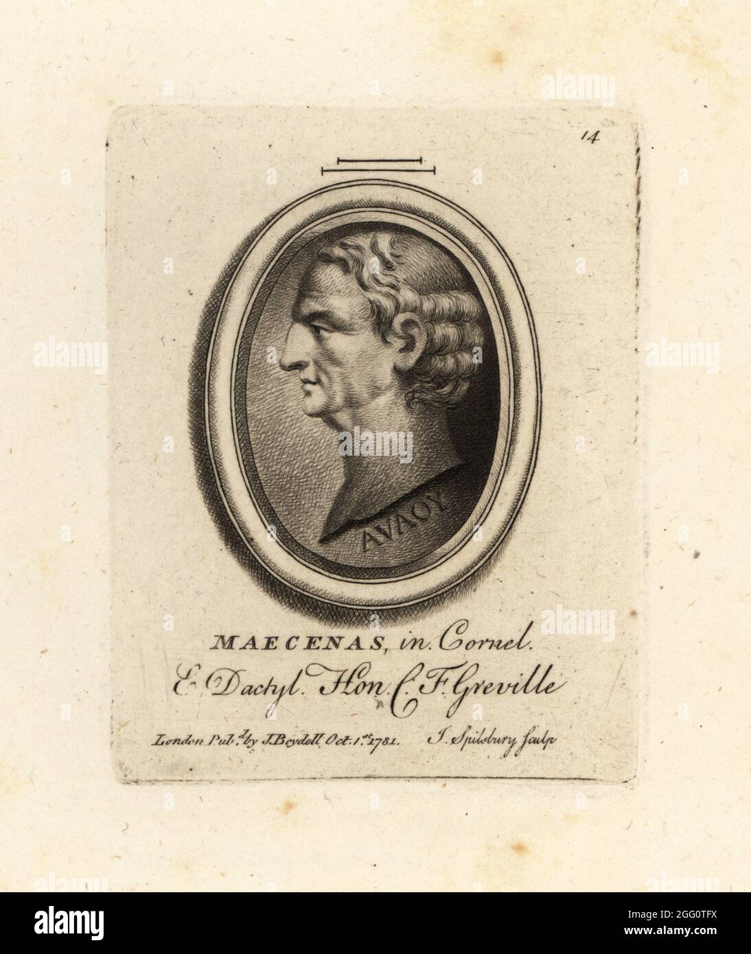 Gaius Cilnius Maecenas c. 70 v. Chr. – 8 v. Chr., Freund und politischer Berater von Octavian, der später als Augustus regierte. Signiert von AVAOY in Cornelian und Dactylotheca. Maecenas in Cornel & Dactyl. Aus der Sammlung des Antiquars Charles Francis Greville. Mezzotint Kupferstich von John Spilsbury aus seiner Collection of Fifty Prints from Antique Gems, John Boydell, London, 1785. Stockfoto