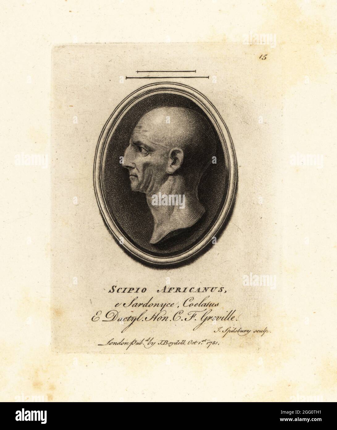 Publius Cornelius Scipio Africanus, 236/235–183 v. Chr., römischer General und Militärkommandant. Scipio Africanus. In Sardonyx, Coelatus und Dactylotheca. Aus der Sammlung des Antiquars Charles Francis Greville. Mezzotint Kupferstich von John Spilsbury aus seiner Collection of Fifty Prints from Antique Gems, John Boydell, London, 1785. Stockfoto