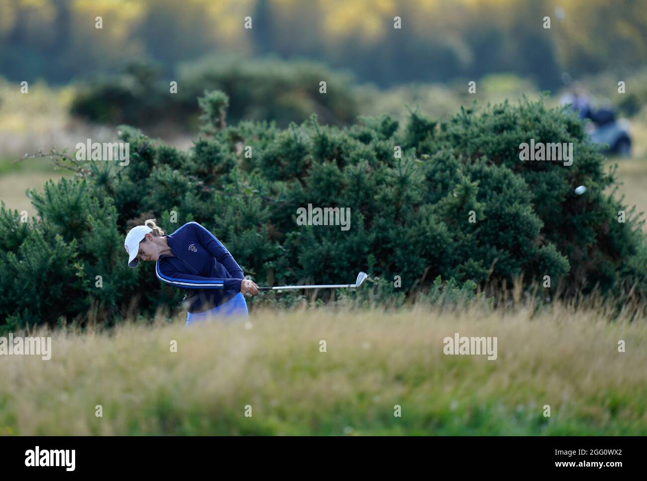 Rachel Heck vom US-Team spielt vom Rough während des Curtis Cup Day 2 am Nachmittag 2021 im Conwy Golf Club, Conwy, Wales am 27/8 Stockfoto