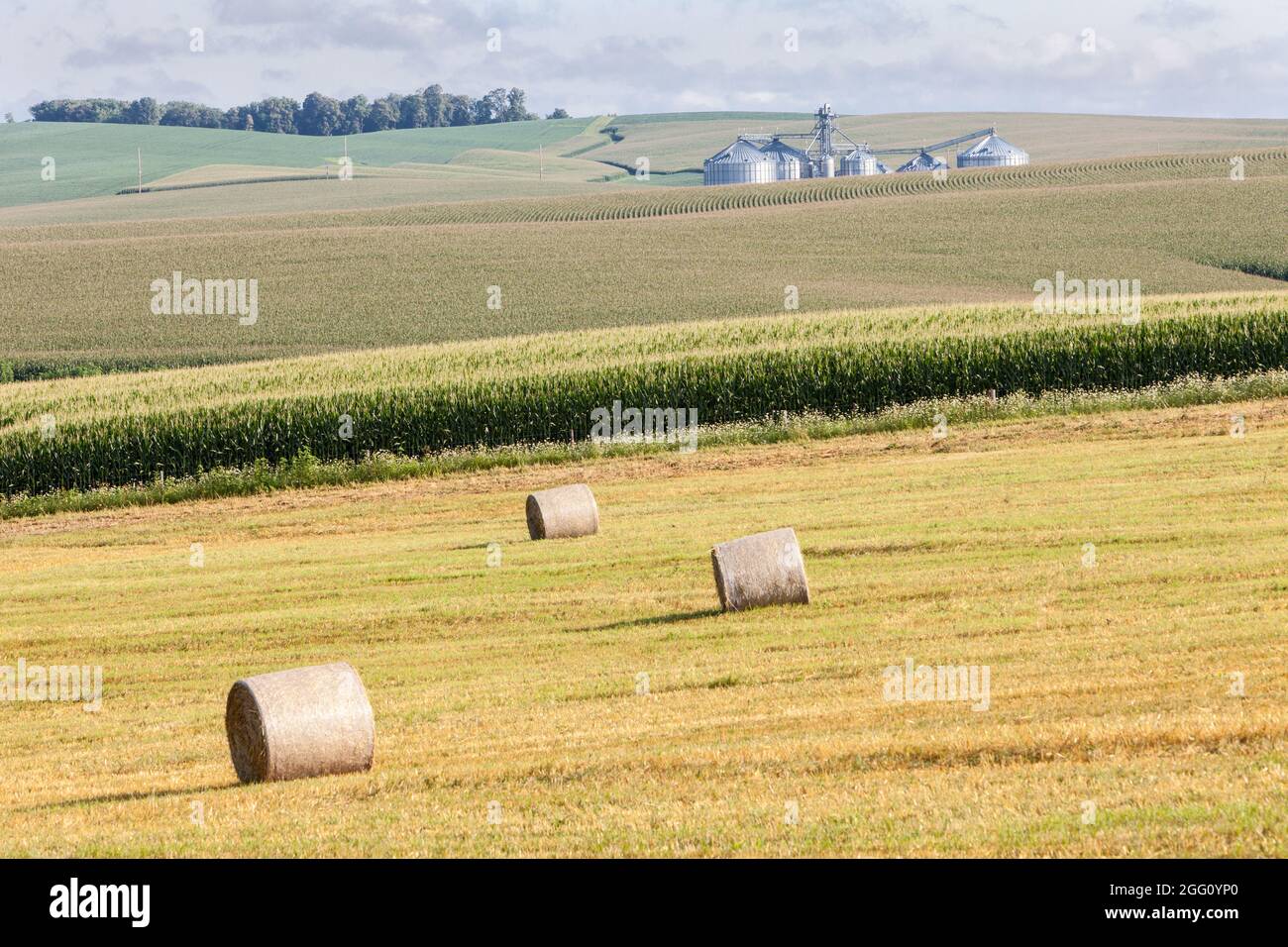 La Motte, Iowa. Heuballen und Ackerland. Stockfoto