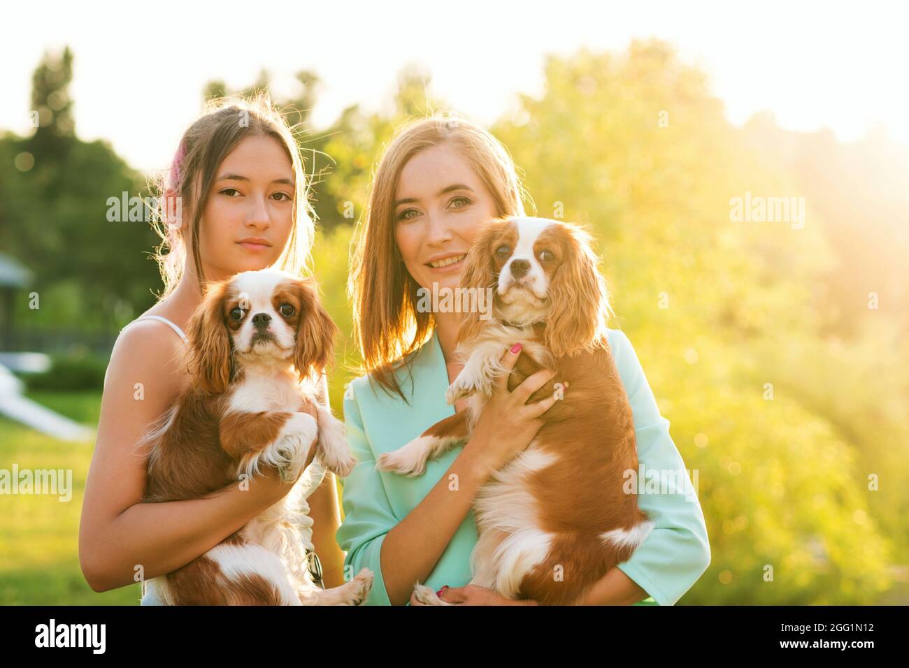 Horizontales authentisches Porträt des Züchters. Mutter und Tochter gehen am Sommertag bei Sonnenuntergang mit Haustieren. Welpen Cavalier King Charles Spaniel mit Besitzern im Freien. Stockfoto