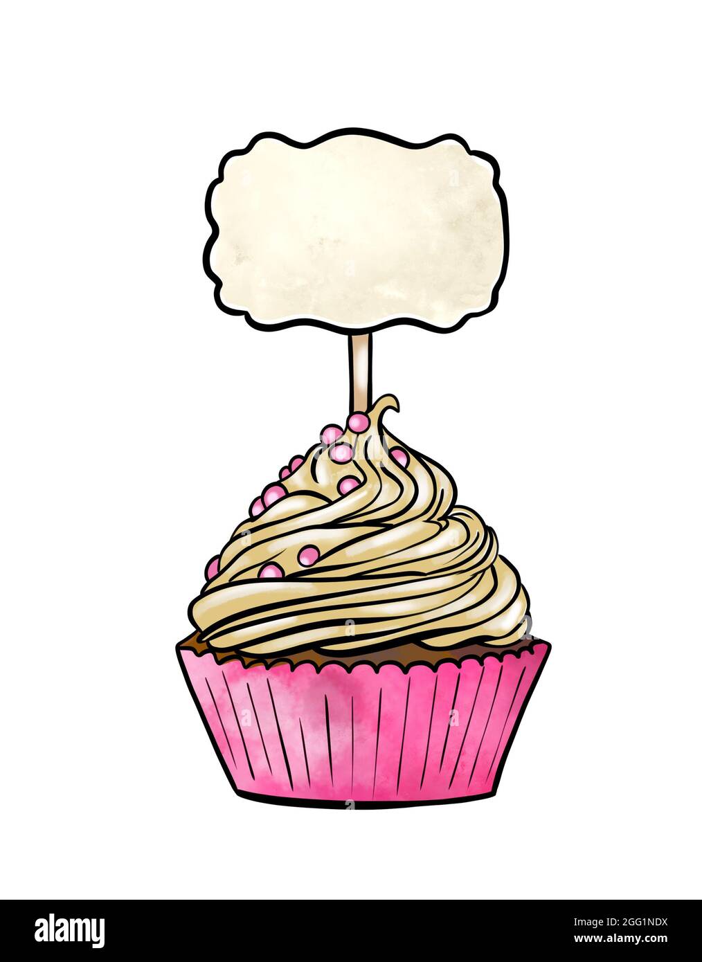 Illustration einer farbigen Zeichnung von Süßigkeiten: Cupcake mit Notizbrett auf weißem, isoliertem Hintergrund. Hochwertige Illustration Stockfoto