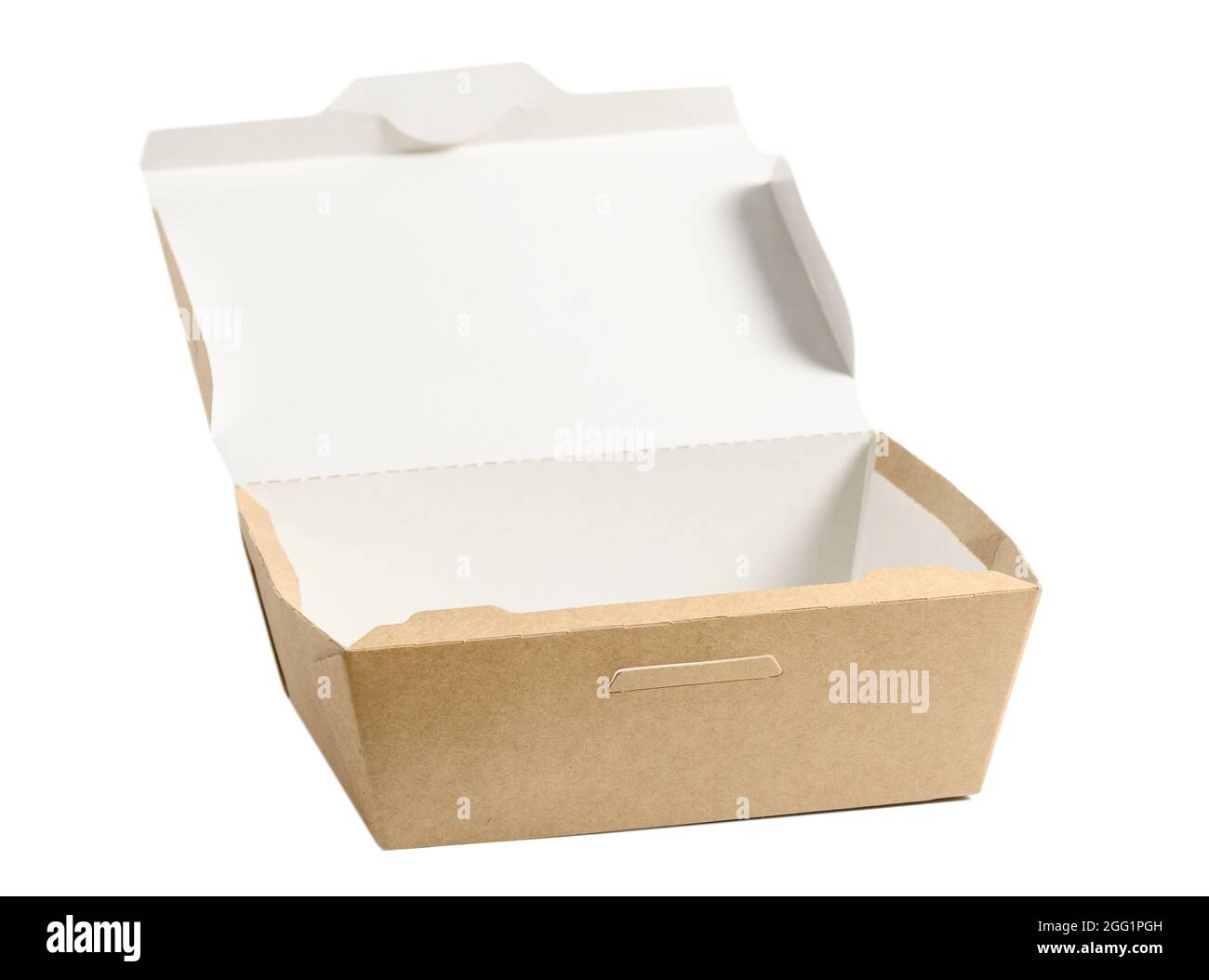 Braunes Papier Lebensmittelbehälter mit offenem Deckel isoliert auf weiß, wird in Fast-Food-Verpackungen verwendet. Stockfoto