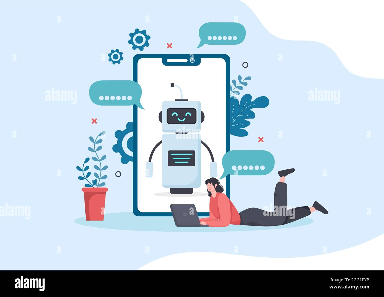 Robot Virtual Assistance oder Chatbot Background Vector Illustration. Kommunikation mit Smartphones über den technischen Online-Support und Messaging Stock Vektor