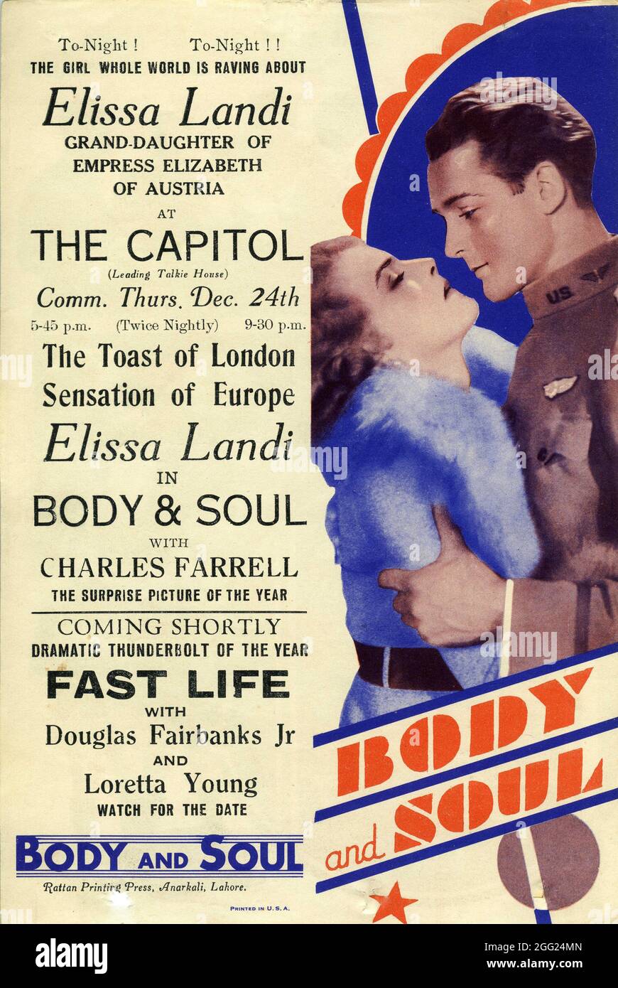 CHARLES FARRELL und ELISSA LANDI in BODY AND SOUL 1931 Regisseur ALFRED SANTELL aus dem Stück von Elliott White Springs und A.E. Thomas Fox Film Corporation Stockfoto