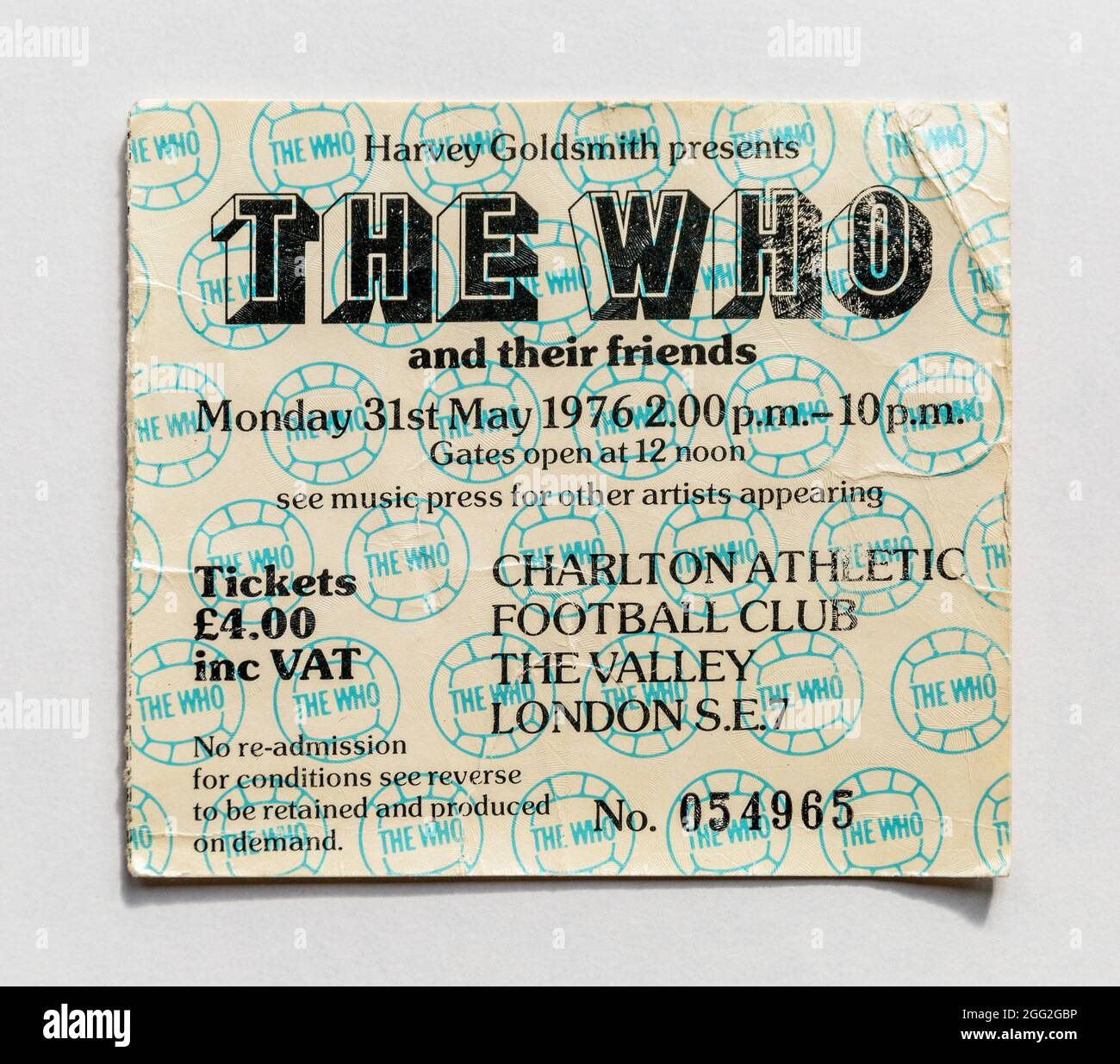 Eine Eintrittskarte aus den 1970er Jahren für „The Who“ am Charlton Athletic Football Ground, London, England Stockfoto