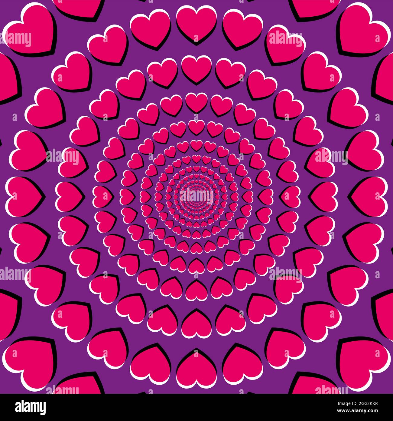 Bewegungsillusion mit Herzsymbolen. Periphere Drift-Illusion, aus rosa Herzen auf violettem Hintergrund. Es scheint, als ob sich die Herzen bewegen und driften. Stockfoto