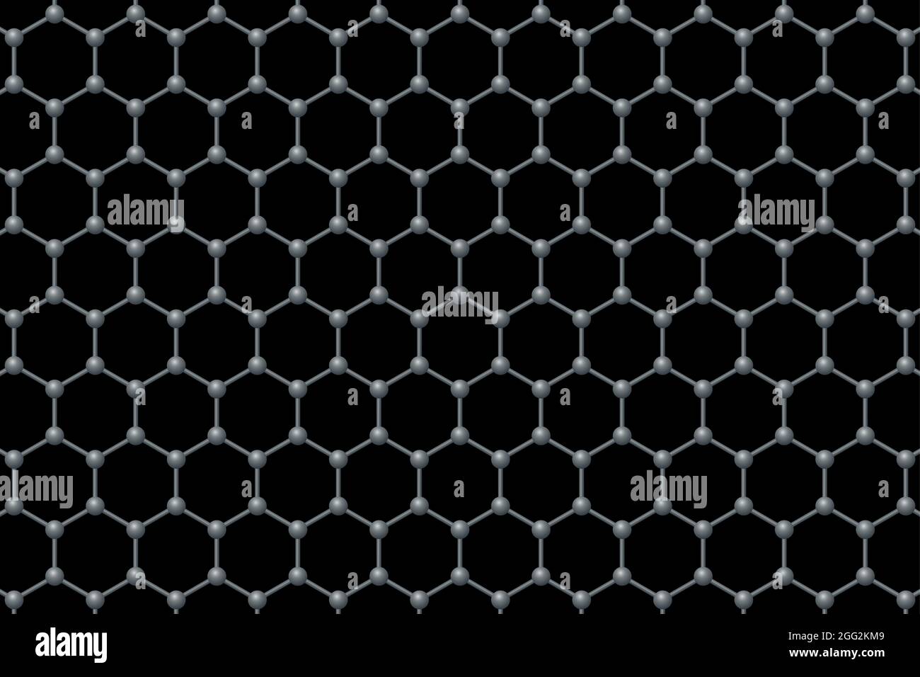 Graphen einschichtiger Hintergrund. Dreidimensionale schematische molekulare Struktur von Graphen. Kohlenstoffatome in Wabengitter angeordnet. Stockfoto