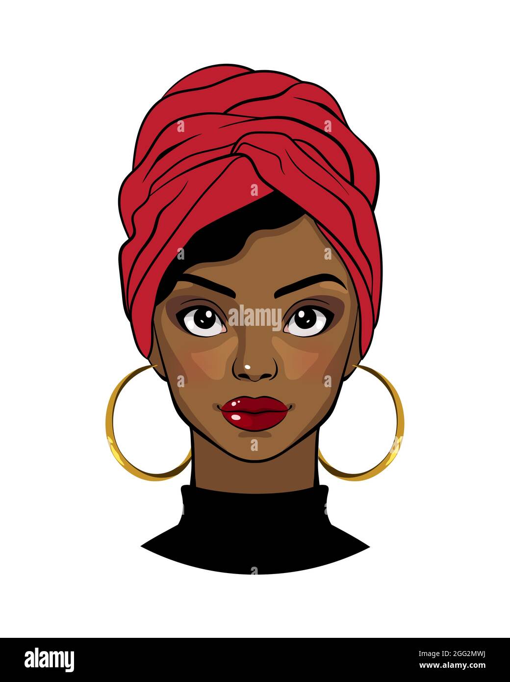 Schöne schwarze Frau. Cartoon afro amerikanische Mädchen trägt roten Kopf Wrap und runde Ohrringe. Mode Illustration auf weißem Hintergrund. Stock Vektor